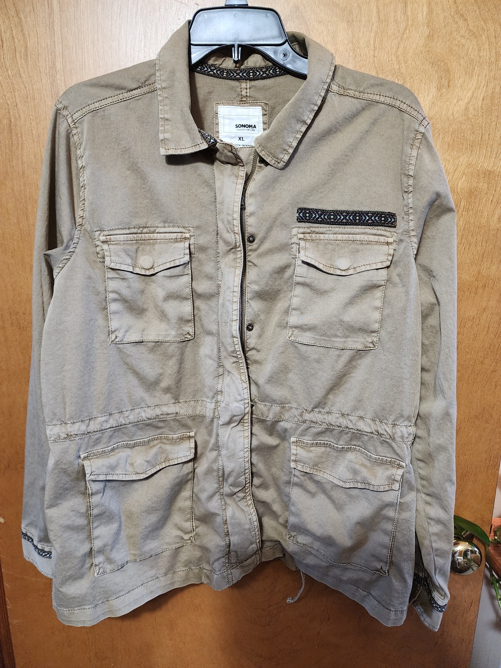 Sonoma Khaki Cotton Utility Jacket XL Embroidered Boho Trim Drawstring Cargo XL